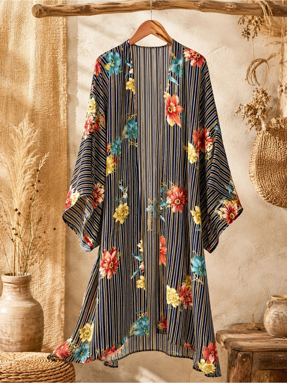Umgee Mixed Print Floral Striped Pattern‎ Kimono Duster Size S/M